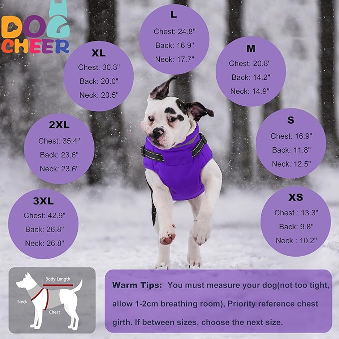 Dogcheer Dog Coat with Harness, Waterproof Warm Dog Winter Jacket with Pockets, Reflective Pet Fleece Jacket Turtleneck Snowsuit for Small Medium Large Dogs - Purple, 3XL