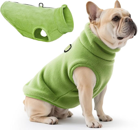Idepet Dog Fleece Vest Sweater Zip Up Warm Pullover Dogs Jacket with D-Ring Leash Winter Cold Weater Coat Pet Sweatershirt Clothes Hoodie for Small Medium Dogs Boy Girl(Green,L)
