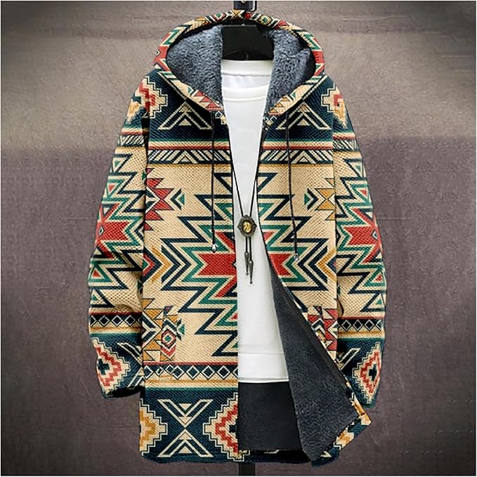 Mens Aztec Print Hoodie Heavyweight Cotton Fleece Jacket Zip Up Warm Long Sleeve Hooded Winter Midi Coat