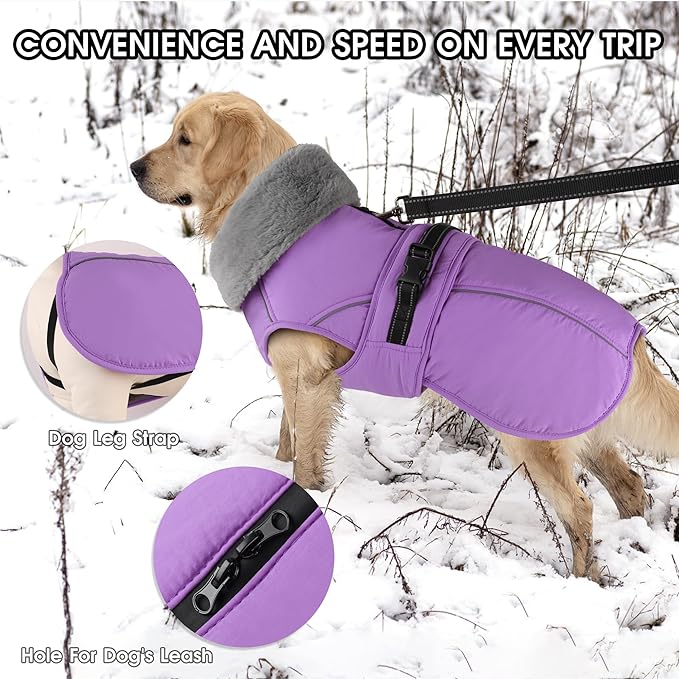 PETDSH Dog Coat Large, Windproof Dog Jacket with Warm Fleece Lining, Thickened Collar Dogs Winter Coat, Adjustable Reflective Pet Coats for Cold Weather (Purple, Large)