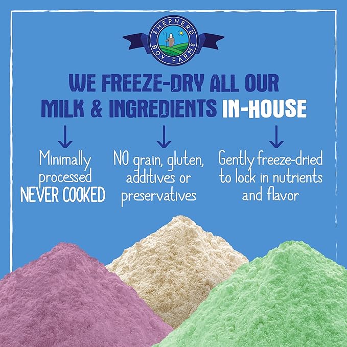 Shepherd Boy Farms Freeze Dried Raw Goats Milk with Probiotics for Dogs & Cats (Golden Blend), Organic USA Veggies & Fruits, High Protein, Digestible Goat Milk Powder, Food Toppers - Makes 16 FL OZ