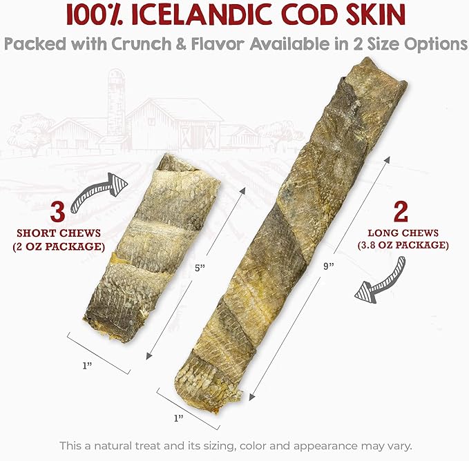 Riley's Cod Skins for Dogs - Air Dried Single Ingredient Dog Treats - Short, Hand Wrapped Cod Skin Dog Treats - Sustainably Caught in Iceland - 3 Pack 5 inch Chew Sticks