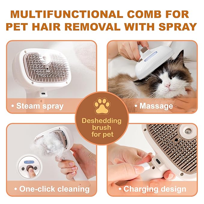 Cat Steam Brush, Dog Brush for Shedding, Pet Spray Hair Removal Comb, Pet Brush for Short & Long Hair, USB Rechargeable Grooming Supplies, Spritz Defur Comb with Finger Wipe for Teeth (White)