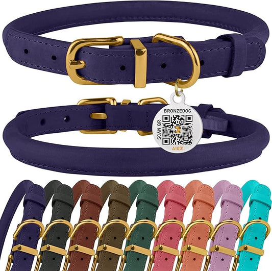 BronzeDog Rolled Leather Dog Collar with QR ID Tag, Adjustable Soft Round Collars for Small Medium Large Dogs Puppy (16" - 19" Neck Size, Violet)
