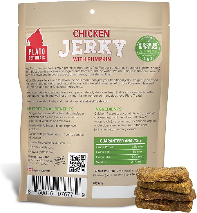 PLATO Pet Treats Jerky Dog Treats - Air-Dried Jerky for Dogs - Delicious, Real Meat Dog Treats - Grain Free - Supports Healthy Digestion - Chicken Jerky with Pumpkin 16oz