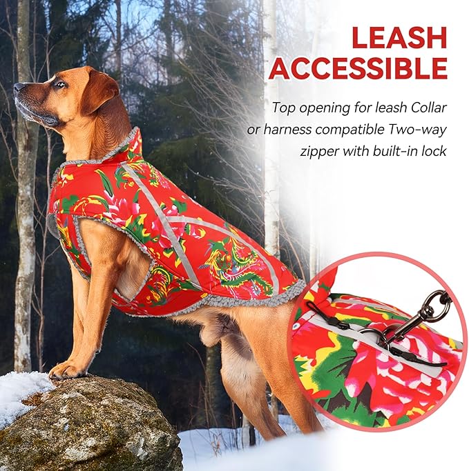 VIVAGLORY Frostfit Dog Coat, Dog Jacket for Winter & Cold Weather, Warm Fluffy Fleece Lined Water Resistant Reflective for Puppy, Coat with Velcro Fastening & Leash Hole, XL, Northeast Florals-Red
