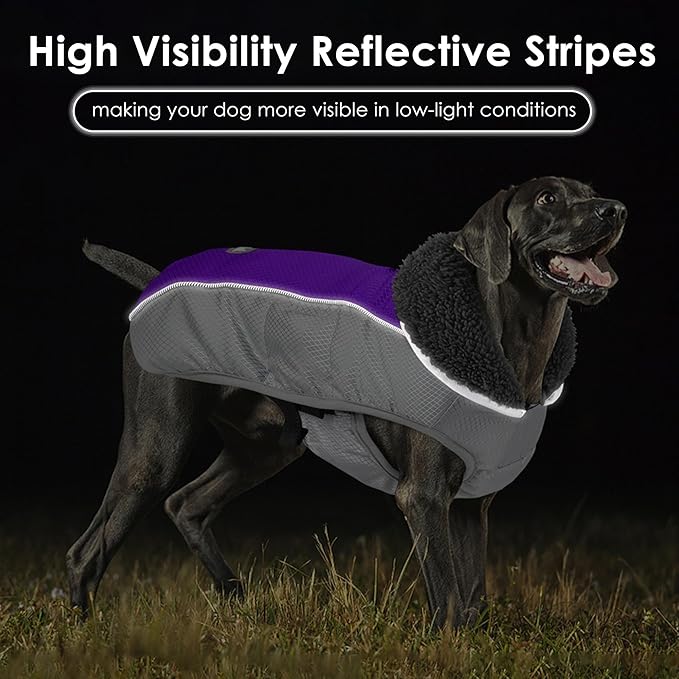 Dog Coat, Waterproof Ripstop Dog Winter Jacket with Leash Hole, Reflective Adjustable Warm Pet Fleece Snow Sweater for Small Medium Large Dogs - Purple, 3XL