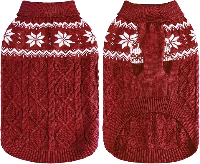 Warm Winter Pink Dog Sweater - Cold Weather Pet Clothes for Small Medium Large Dogs Indoor Outdoor, Soft Classic Knit Puppy Apparel Coat, Dark Red, M