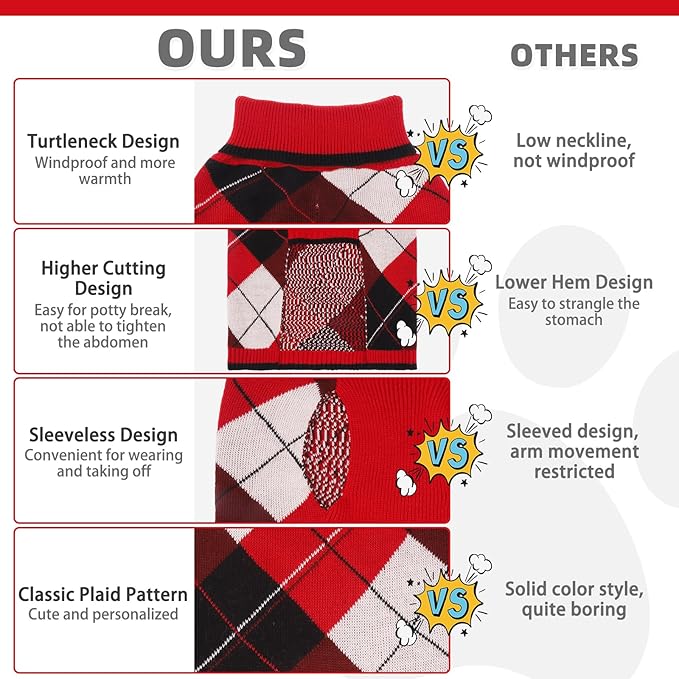 KOOLTAIL Dog Sweater Pet Knitted Clothes-Classic Plaid Pullover Turtleneck Red Fleece Dog Christmas Sweaters with Leash Hole, Thick Warm Dog Winter Clothes for Small Medium Large Dogs Cats Puppy, M