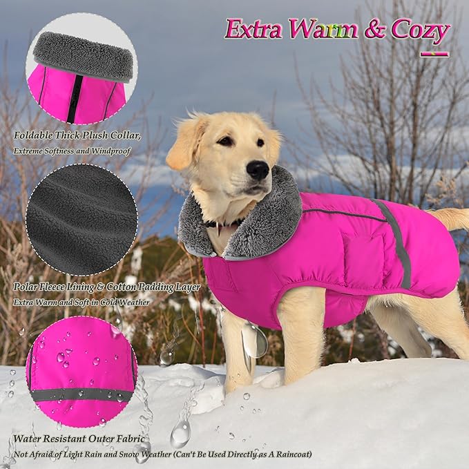 Dogcheer Warm Dog Coat, Christmas Dog Jacket Waterproof Puppy Winter Coat with Buckles, Reflective Adjustable Pet Snow Jacket Turtleneck Fleece Sweater for Small Medium Large Dogs - Pink, S