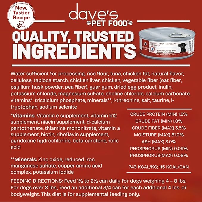 Dave's Pet Food Kidney Support Dog Food (Tuna Pate), Non-Prescription, Low Phosphorus, Low Sodium, Wet Canned, Renal Kidney Care, Vet Formulated, 5.5 oz (24 Pack)