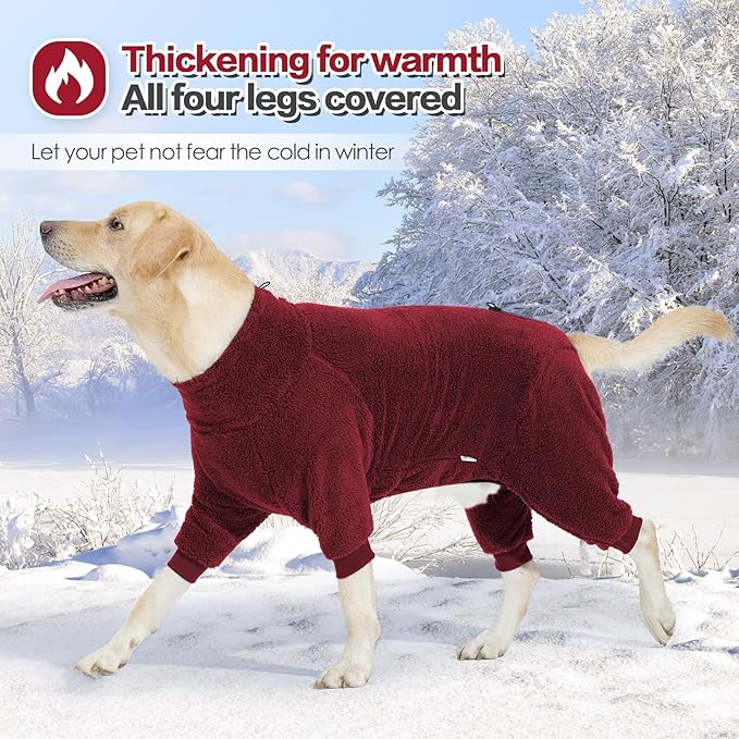 Dog Winter Coat, Warm Fleece Dog Jacket, Windproof Pullover Jumpsuit, Full Body Pet Pajamas Onesie, Cold Weather Clothes for Medium Large Dog(Small,Red)