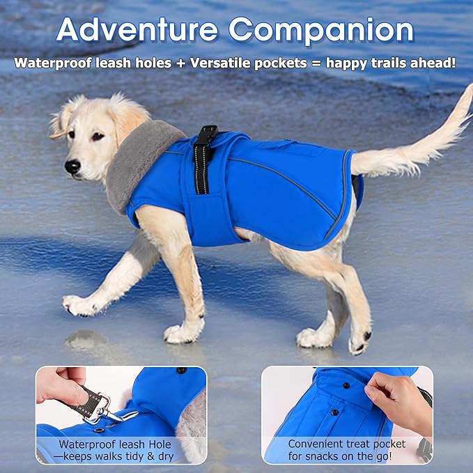 Dogcheer Dog Coat with Pocket, Waterproof Dog Jacket with Adjustable Buckle, Reflective Puppy Winter Coat Warm Turtleneck Fleece SnowJacket for Small Medium Large Dogs - Blue 3XL