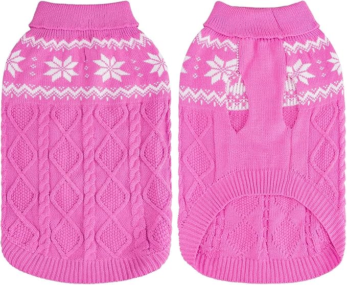 Warm Winter Pink Dog Sweater - Cold Weather Pet Clothes for Small Medium Large Dogs Indoor Outdoor, Soft Classic Knit Puppy Apparel Coat, Pink, XL
