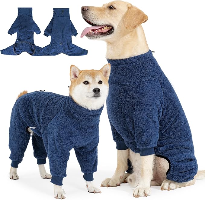 Dog Winter Coat, Warm Fleece Dog Jacket, Windproof Pullover Jumpsuit, Full Body Pajamas Onesie, Cold Weather Clothes for Medium Large Dog(Small,NavyBlue)