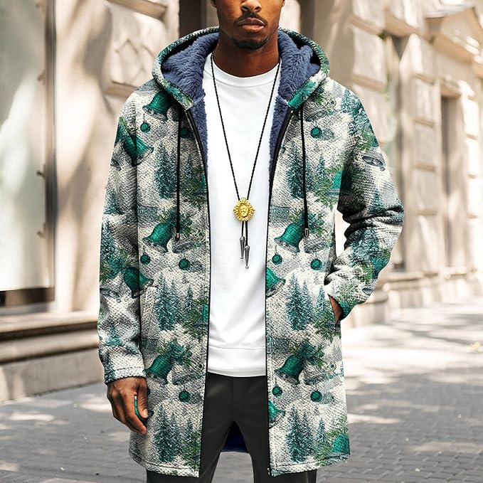 Mens Long Cardigan Hoodies Full Zip Fleece Lined Jackets Fashion Knitted Color Block Hooded Coat with Pockets