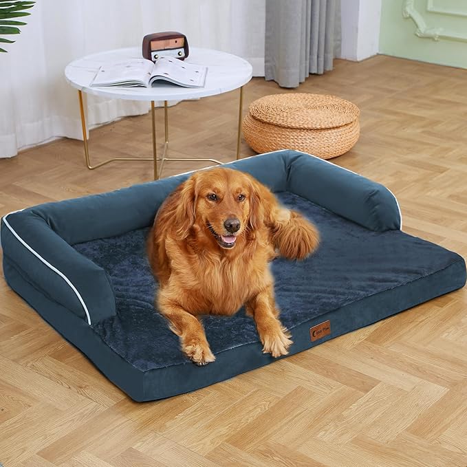 Orthopedic Dog Beds for Large Sized Dogs, Waterproof Egg Crate Foam Large Dog Couch Beds with Comfy Bolster 36x27Inch, Washable Pet Beds with Removable Cover and Nonskid Bottom, Navy Blue