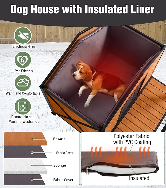 Extra Large Insulated Dog House Outdoor, Weatherproof Wooden Dog House with Porch for Winter with 6 Sides All-Round Foam with Strong Metal Chew Proof Frame
