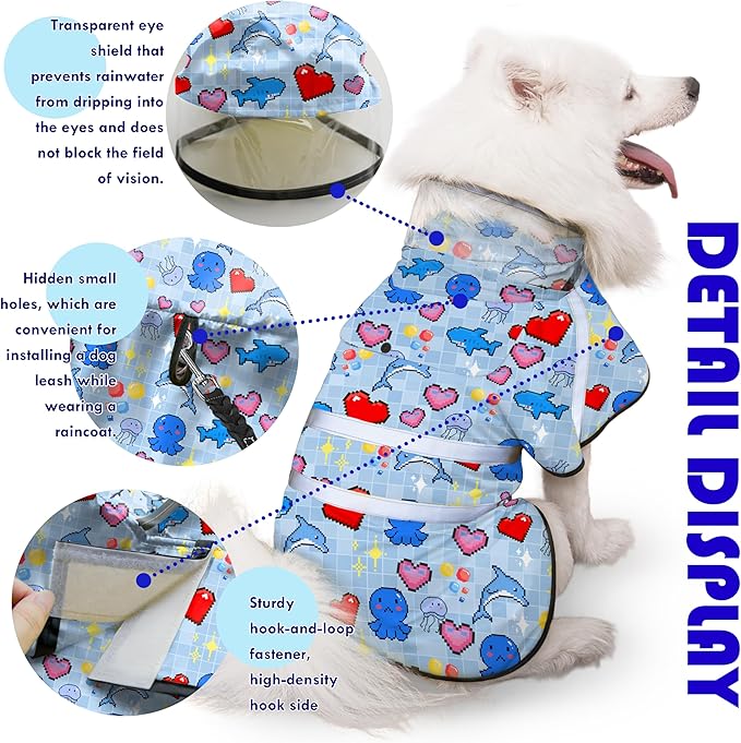 Dog Raincoat, Adjustable Rain Jacket with Hooded Double Layer for Large Medium Small Dogs Puppies, Lightweight Waterproof Rain Coat Poncho with Reflective Stripe Ocean Dolphin Blue,XL