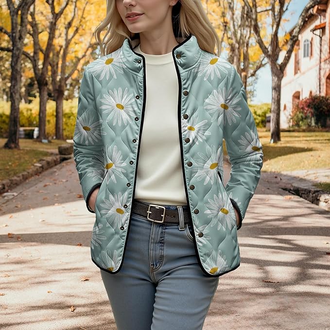 LIZALIG Women's Cropped Puffer Jacket Lightweight Floral Print Long Sleeve Padded Quilted Puffy Cardigan Coat
