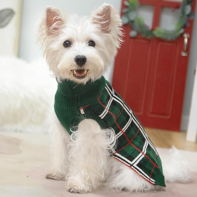 PUPTECK Dog Sweaters for Large Medium Small Dogs - Fall Classic Plaid Style Puppy Holiday Winter Coat Clothes Warm, Green, M