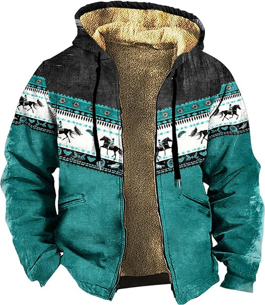 Men's Western Aztec Jackets Hooded Cowboy Hoodie Warm Full Zip Ethnic Vintage Long Sleeve Coat Fall Winter Tops