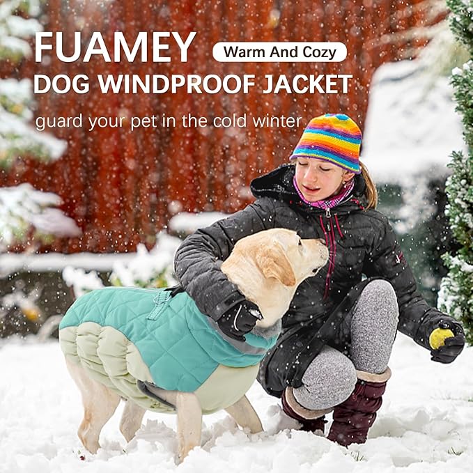 FUAMEY Dog Coat for Small Dogs,Waterproof Dog Winter Jacket with Harness Built in Puppy Cold Weather Coats Reflective Pet Vest with Zipper Warm Fleece Dogs Snowsuit Windproof Mint Green XS