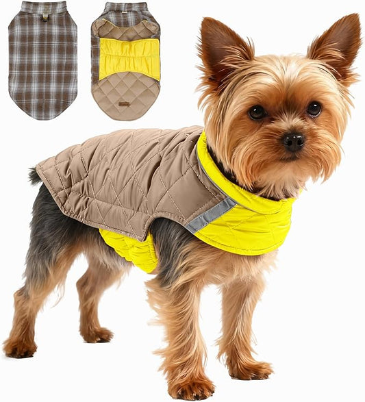 Quilted Dog Winter Coat, Plaid Lined Reversible Vest, Reflective Safety Strip, Cold Weather Pet Apparel Yellow XXS