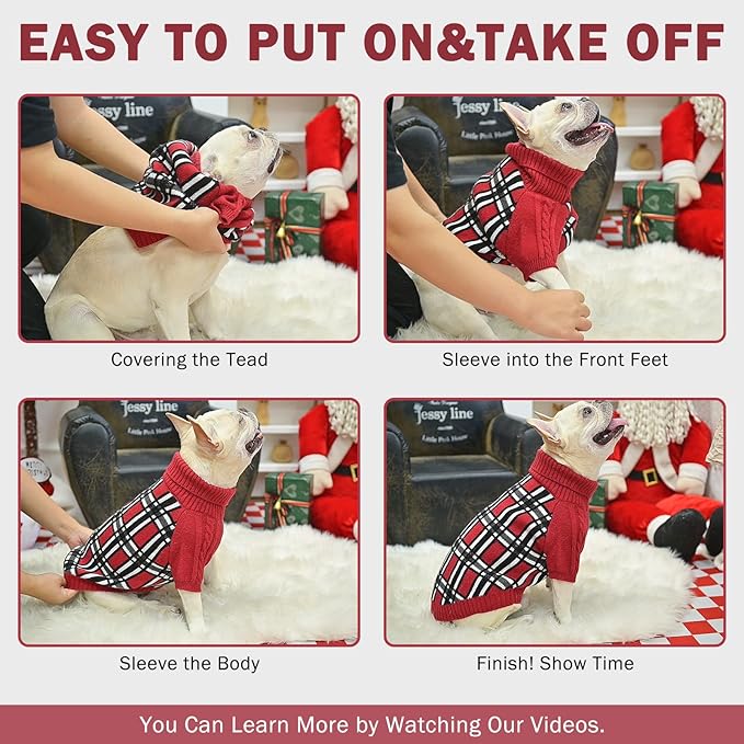 SCENEREAL Turtleneck Dog Sweater for Small Medium Large Dogs Girls Boys, Christmas Plaid Pullover Puppy Sweatershirt, Dogs Cold Weather Outfit Clothes, Ideal Gift for Pet in New Year, Red Plaid S