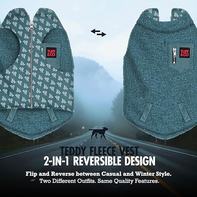 Tuff Pupper Reversible Fleece Sweater Vest for Dogs | Lightweight Comfortable Insulated Jacket | Front Zip Closure | Machine Washable | Built-in Leash Hole | Sizes for All Breeds (Small, Teal)