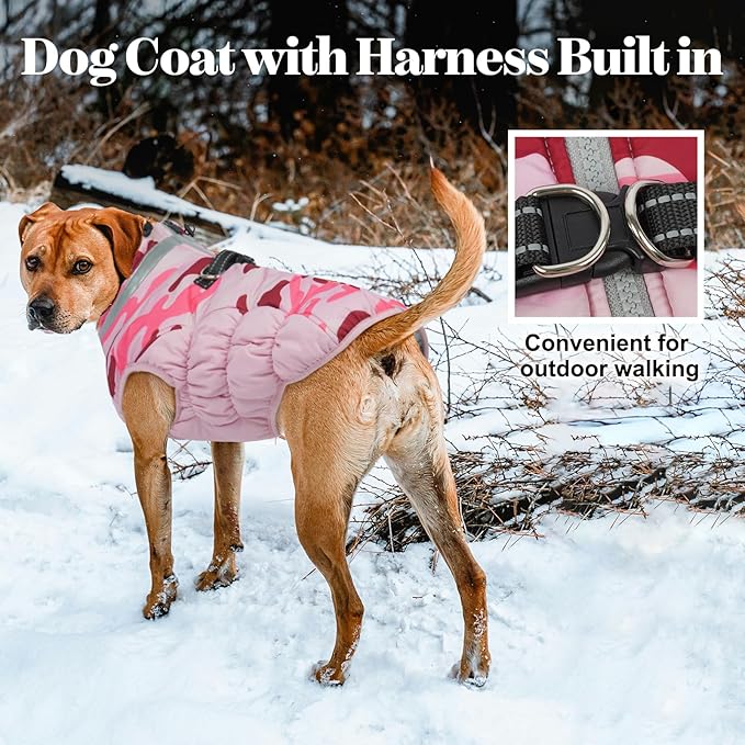 Lelepet Warm Dog Winter Coat Dog Coats for Small Dogs Waterproof Dogs Jacket with Harness Built in Reflective Cold Weather Coats Windproof Zip-Up Winter Fleece Vest Snowsuit Yorkie Pink Camo S