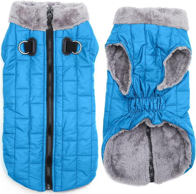 Warm Fleece Dog Coats with Durable Harness Buitl in D-Ring,Waterproof Puppy Jacket for Small Dogs,Dog Vest for Cold Winter,Light Blue XS