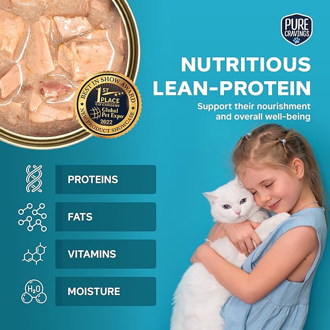 Pure Cravings Tuna Flakes in Tuna Consommé, Canned Wet Cat Food Soup, 100% Mercury-Tested, Moist Can Fish, Grain-Free Protein, Non-GMO, 3oz, Pack of 12