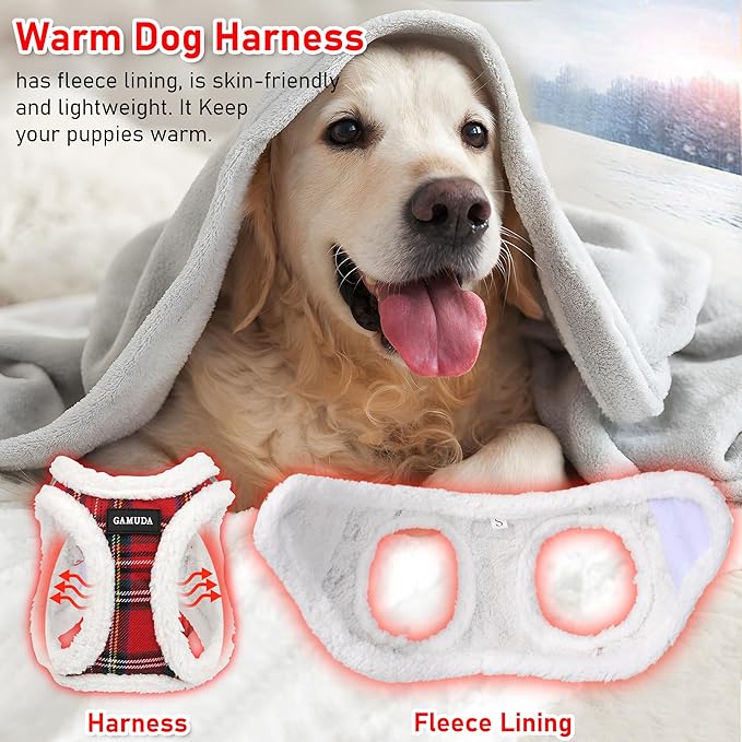 GAMUDA Small Dog Harness Collar and Leash Set, Step in No Chock No Pull Soft Mesh Adjustable Dog Vest Harnesses Plaid Reflective for Dogs Puppy Cats Kitten Rabbit (Warm Red, L)