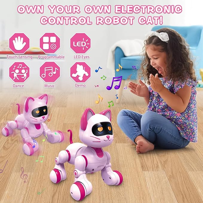 Remote Control Robot Cat, Programmable RC Smart Cat with Touch Sensing, LED Eyes Dance & Music Walking Pets STEM Toys Gifts for Kids Girls Boys