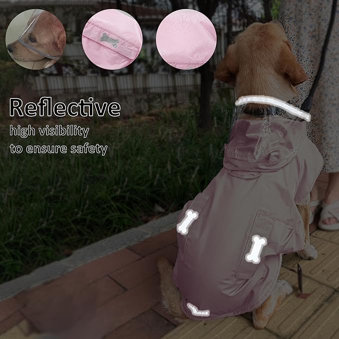 Waterproof Dog Raincoat, Adjustable Reflective Lightweight Pet Rain Clothes with Poncho Hood (Light Pink, Medium)