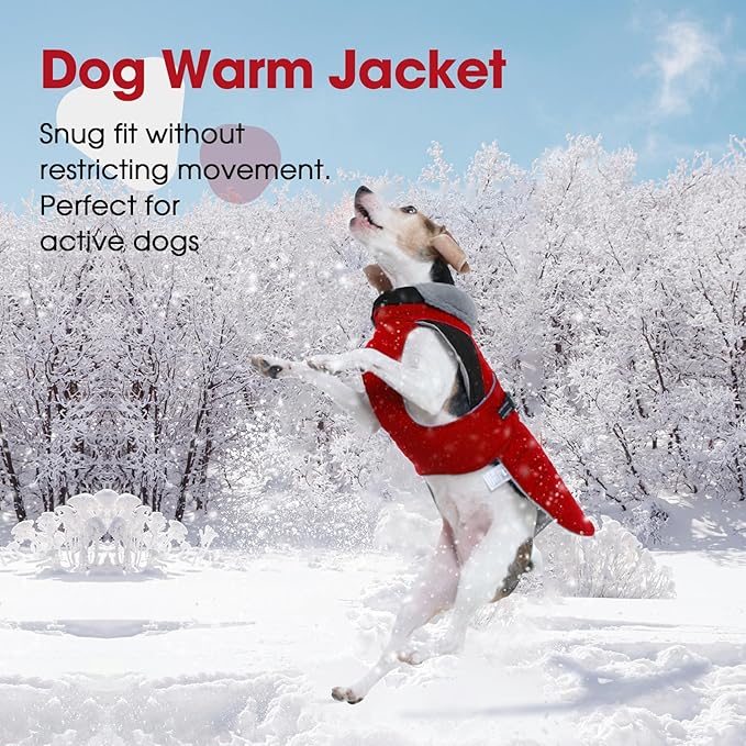 Nanaki Dog Coat Jacket for Large Dogs Winter Waterproof, Warm Fleece Lining Furry Collar Large Dog Jacket with Leash Hole, Reflective Cold Weather Pet Jacket Outdoor Walking Hunting,Easy On Red 3XL