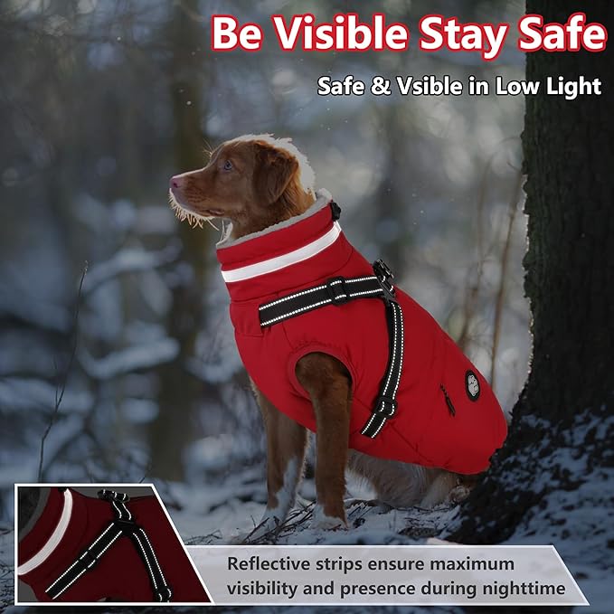 Dogcheer Dog Coat with Harness, Waterproof Dog Jacket, Christmas Puppy Winter Coat with Pocket, Reflective Doggy Turtleneck Puffer Vest for Small Medium Large Dogs - Red, XS