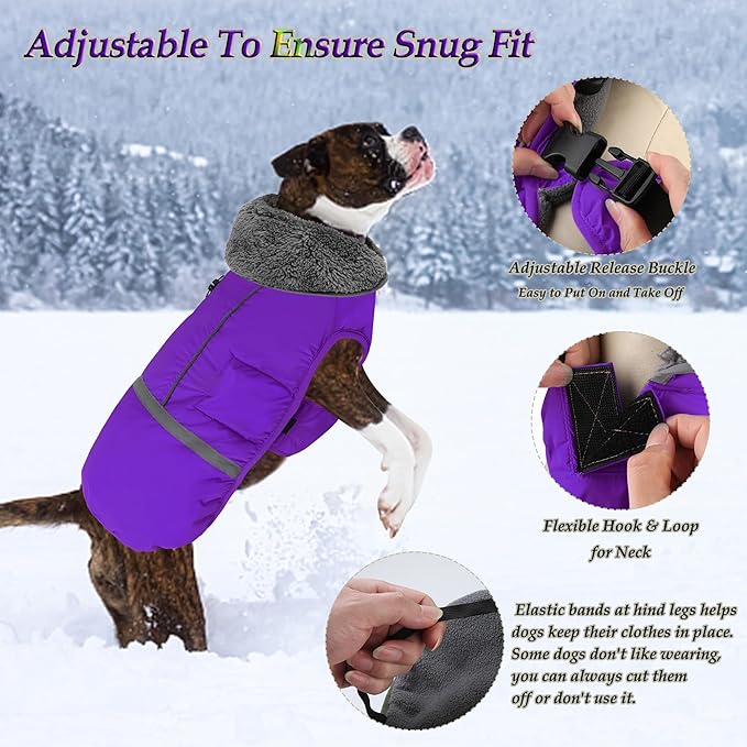 Dogcheer Warm Dog Coat, Christmas Dog Jacket Waterproof Puppy Winter Coat with Buckles, Reflective Adjustable Pet Snow Jacket Turtleneck Fleece Sweater for Small Medium Large Dogs - Purple, M
