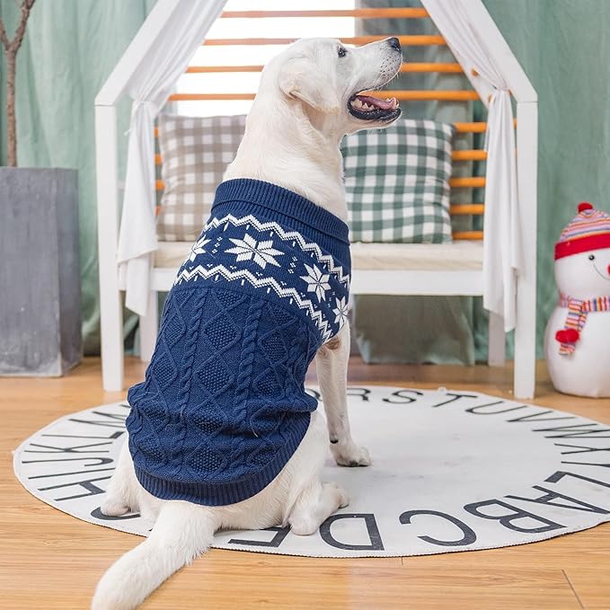Warm Winter Pink Dog Sweater - Cold Weather Pet Clothes for Small Medium Large Dogs Indoor Outdoor, Soft Classic Knit Puppy Apparel Coat, Blue, XL