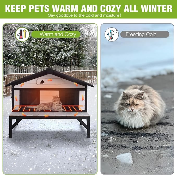 GUTINNEEN Heated Cat House for Outside Large Outdoor Cat House Insulated Weatherproof Feral Cat Shelter with Heating Pad, Insulated Thermal Liner, Chewproof Cable for 1-4 Cats, Winter-Ready (Black)