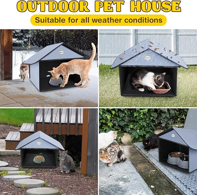 Dreyoo 1 Pack Outdoor Cat Feeding Station for Food & Water, Weatherproof Outdoor Kitty Dining Room Cat Shelter for Stray, Feral Cats and Community Cats, 13”d x 17”w x 15.5'h (Dusty Blue)