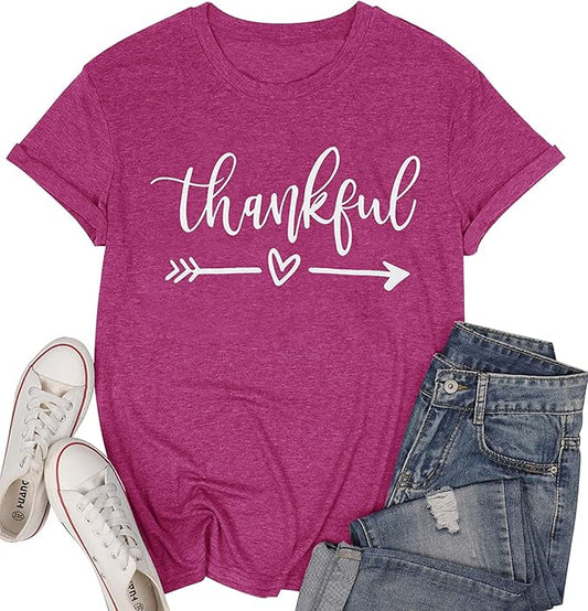 NIUBIA Women's T Shirts Summer Tops Simple Heart Graphic Shirts Sayings Short Sleeve Vacation Casual Blouse Thankful Tee