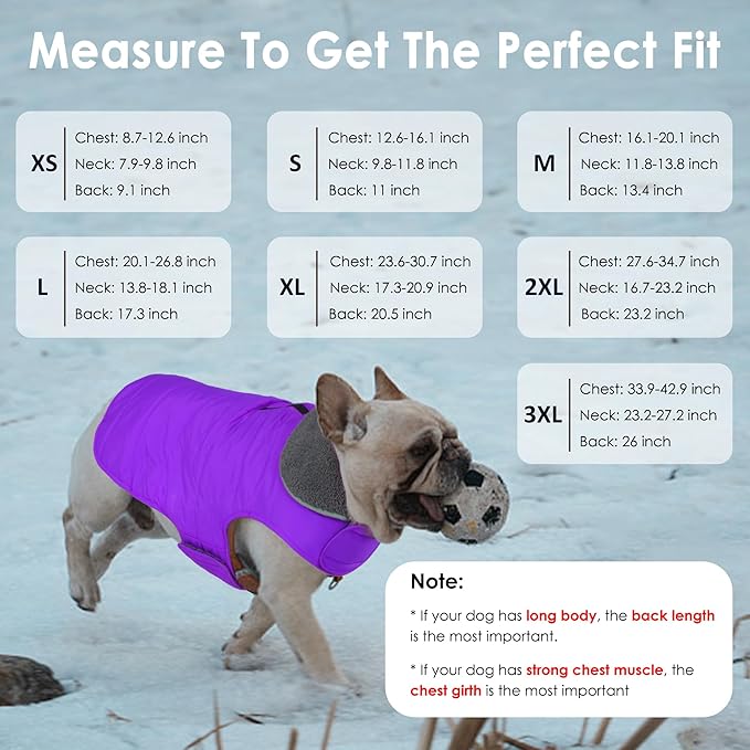 Dog Winter Coat, Waterproof Dog Jacket with Leash Hole, Reflective Adjustable Pet Snow Vest, Warm Fleece Sweater for Small Medium Large Dogs - Purple, XL