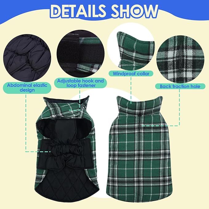 MIGOHI Reversible Dog Coat, Windproof, Waterproof Winter Jacket for Cold Weather, Plaid Dog Coats for Male Female, Green, L