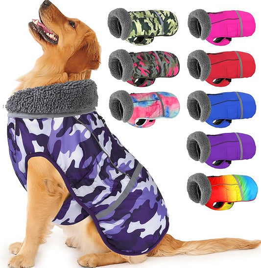 Dogcheer Warm Dog Coat, Waterproof Dog Jacket Christmas Puppy Winter Coat with Buckle, Reflective Adjustable Pet Snow Jacket Turtleneck Fleece Sweater for Small Medium Large Dogs - Camo Purple, L