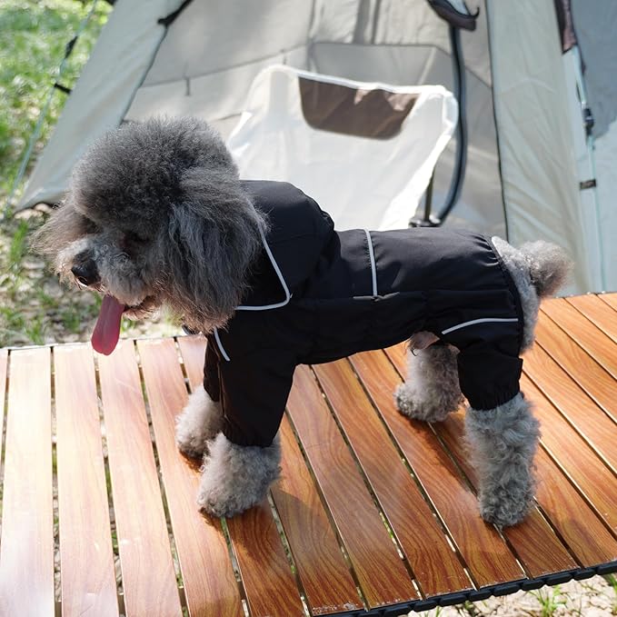 LOVELONGLONG Fleece-Lined Dog Raincoat with Removable Hood – Waterproof Winter Full Body Dog Jacket – Windproof Snowproof Cold-Weather Suit – Black-F XXS