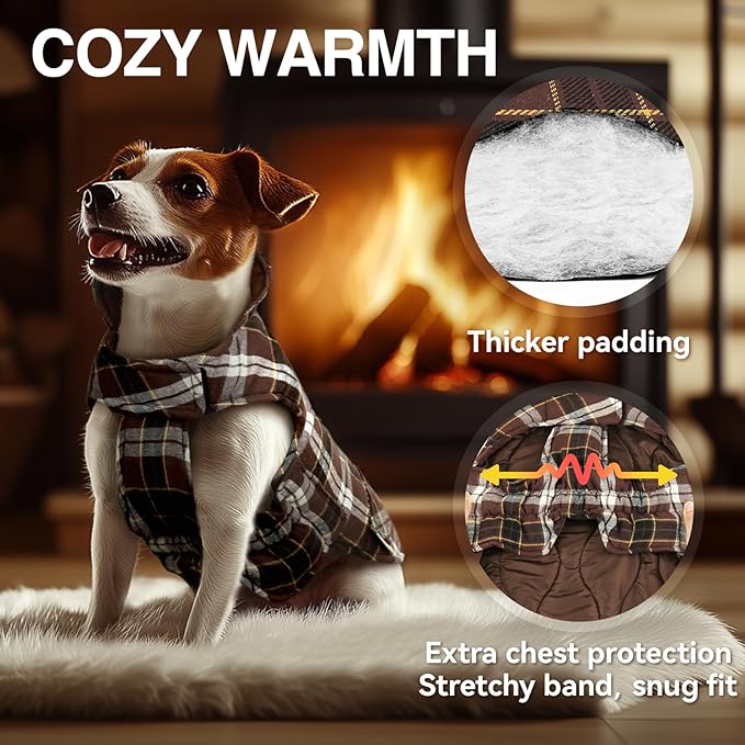 VIVAGLORY Softjoy Dog Coat, Dog Jacket for Winter & Christmas, Coat with Harness Hole & Velcro Closure, Reversible Plaid Checkered Warm Fluffy Heavy Duty for Puppy, M, Coffee