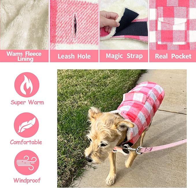 Malier Dog Coat, Classic Plaid Fleece, Windproof Warm Winter Jacket with Pocket, X-Small, Pink