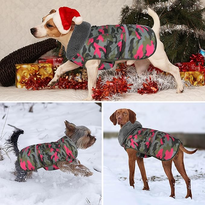 Dogcheer Warm Dog Coat, Waterproof Dog Jacket Reflective Adjustable Puppy Winter Coat with Buckle, Christmas Pet Snow Jacket Turtleneck Fleece Sweater for Small Medium Large Dogs - Camo Pink, L